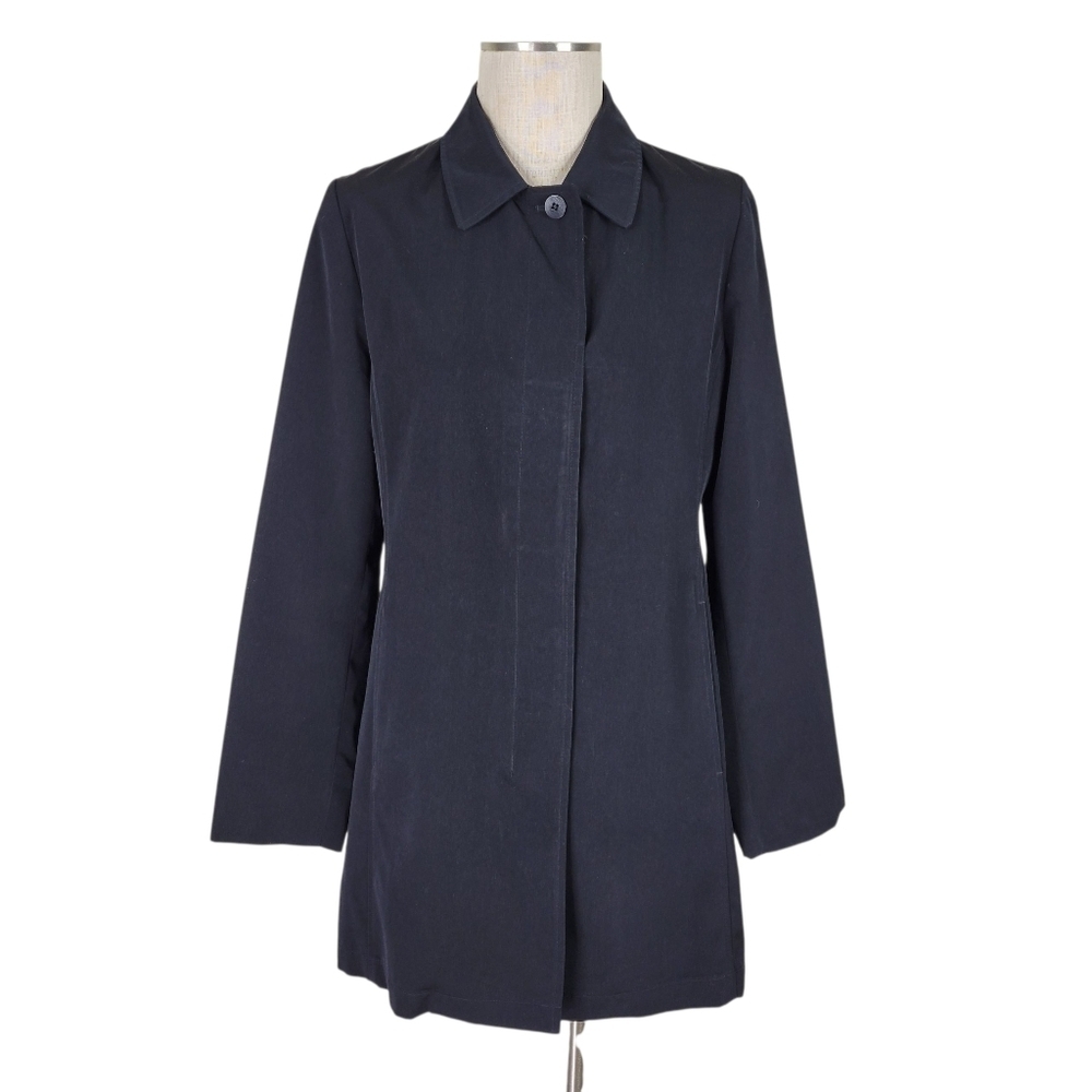 Towne London Fog Rain Jacket Women Size M Black Hidden Buttons Pockets Lined